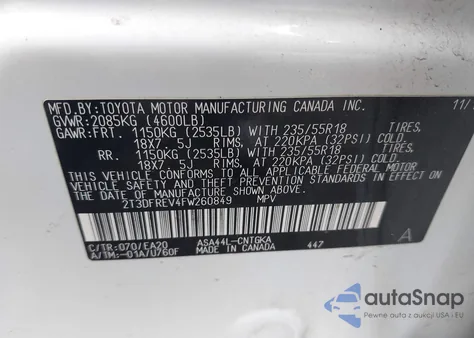 2015 Toyota Rav4 Limited из США, поврежденный, VIN 2T3DFREV4FW260849